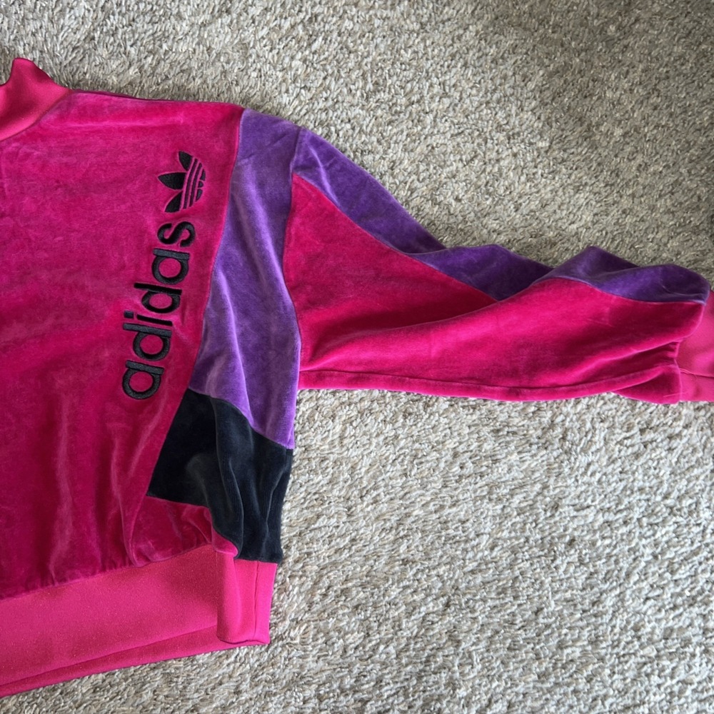 Adidas Women's Colorblock Velour Pullover Sweatshirt Cropped Sz M - Picture 7 of 9